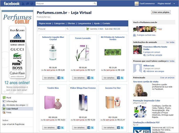 Design da loja virtual no Facebook