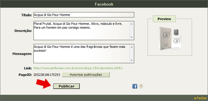 Tela de publicação do produto: Integração com o Facebook via site administrativo da loja virtual no Fastcommerce