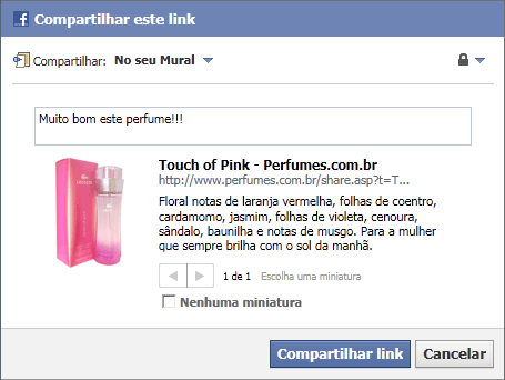 Tela para compartilhar no Facebook: Integração com o Facebook pela loja virtual
