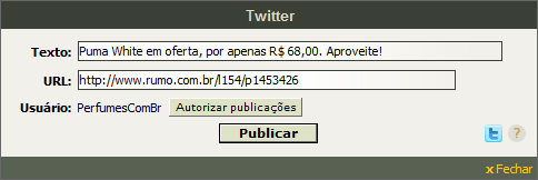 Tela de publicação do produto: Integração com o X via site administrativo da loja virtual no Fastcommerce