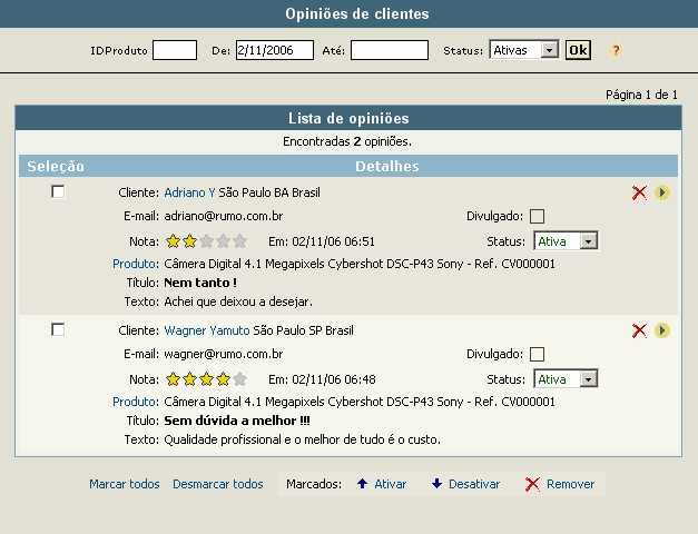 Cadastro de opini�es sobre produtos